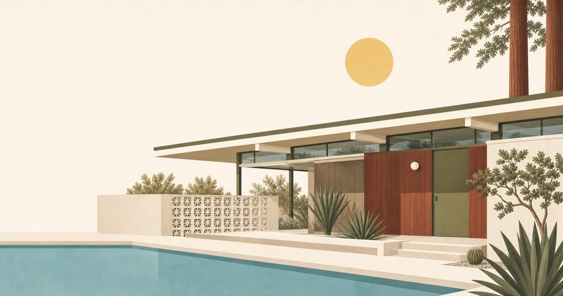 Illustrated Eichler-inspired California home with a pool, redwood details and a warm morning sun